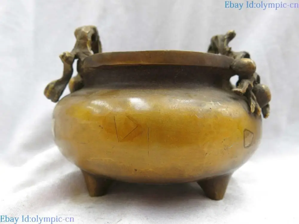 

DS Brass censer China carved copper peach juvenile branchlet incense burner Statue