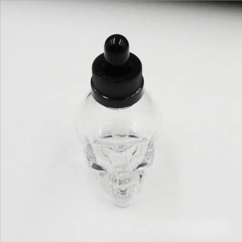 30 ملليلتر بالقطارة زجاجة eliquid مع الأسود المطاط أنبوب زجاجي الجمجمة شكل vape الضروري النفط زجاجة واضحة الزجاجات الفارغة S033C