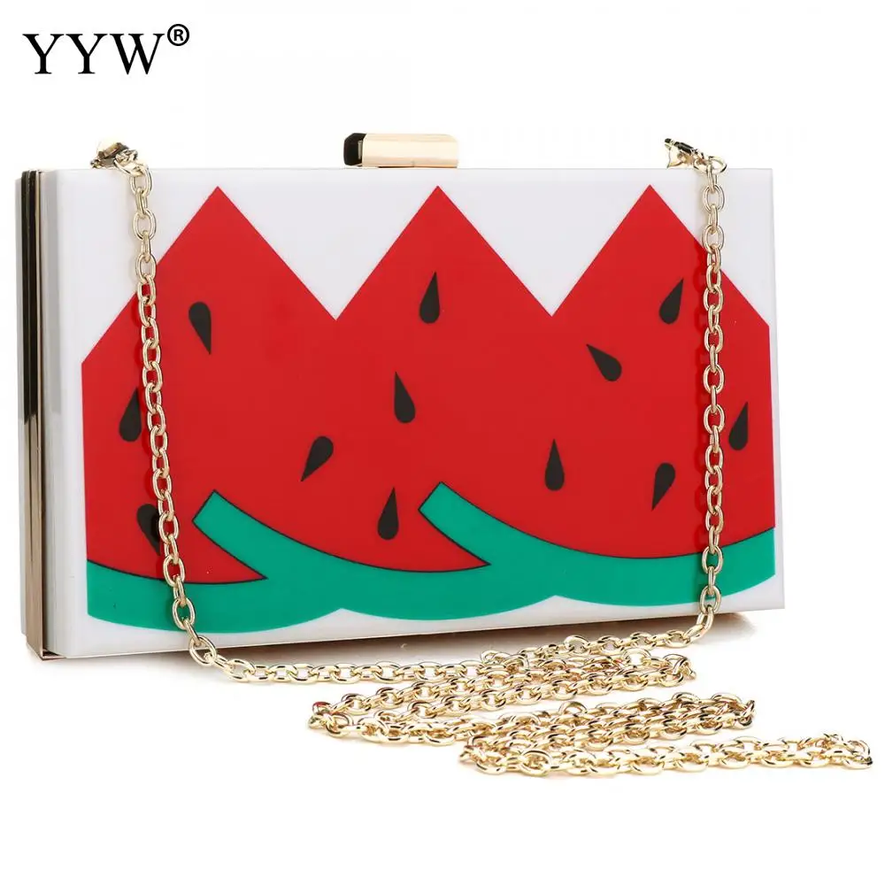 

2019 PYC Bag Watermelon Acrylic Box Clutch Evening Square Elegant Chain Women Fruit Pattern Handbag For Party Shoulder Bags