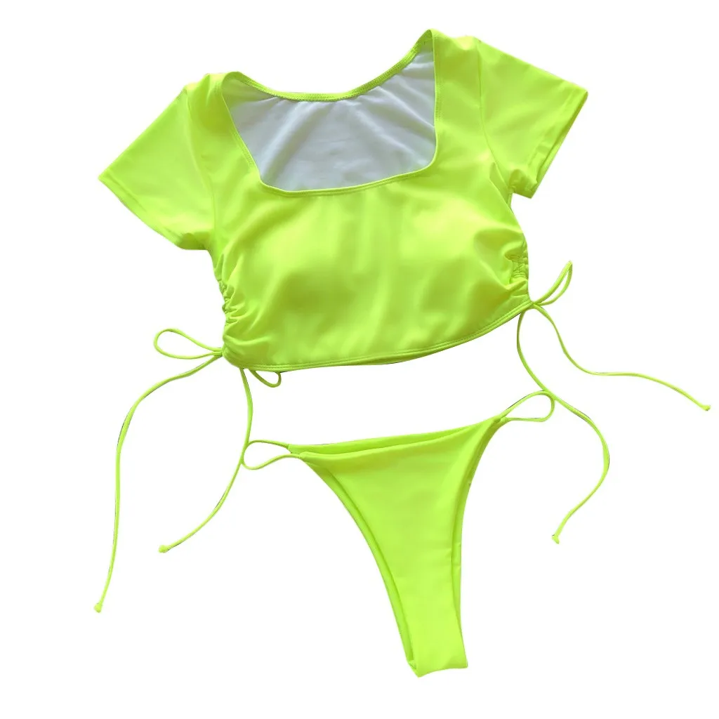 SAGACE, два предмета, сексуальное одноцветное бикини с подкладкой, Бразильская Пляжная футболка, лето, пуш-ап, низкая талия, стринги, купальник - Цвет: Зеленый
