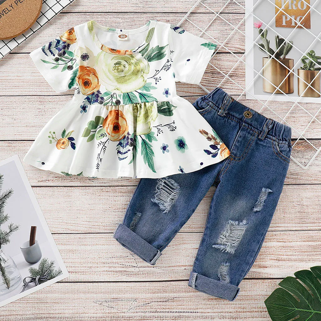 

2019 MUQGEW Baby Girl Clothes baby outfit set Baby Girl Floral Crop Tops+Hole Denim Pants Jean Toddler Kid Clothes Outfits Set