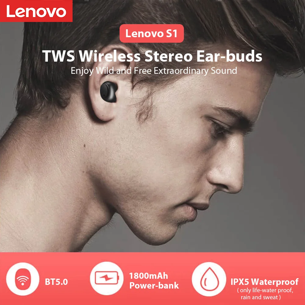 Lenovo S1 TWS Bluetooth Earphones BT 5.0 IPX5 Waterproof True Wireless Stereo Earbud 1800mAh Big Battery for IOS & Android Smartphone  (1)
