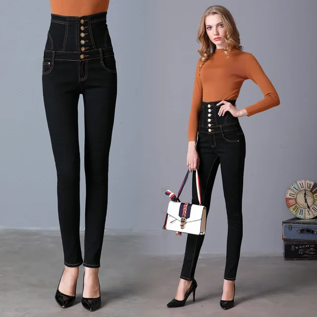 Summer extra large size ladies clothing zipper, button high waist jeans black slim feet pants women's pencil pants Summer extra large size ladies clothing zipper, button high waist jeans black slim feet pants women's pencil pants