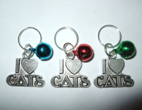 

50PCS Fashion Jewelry Vintage Silver I Love Cats Charm Mix Bell Anti-Theft Purse Key Ring Key Chains Findings Free Shipping A231