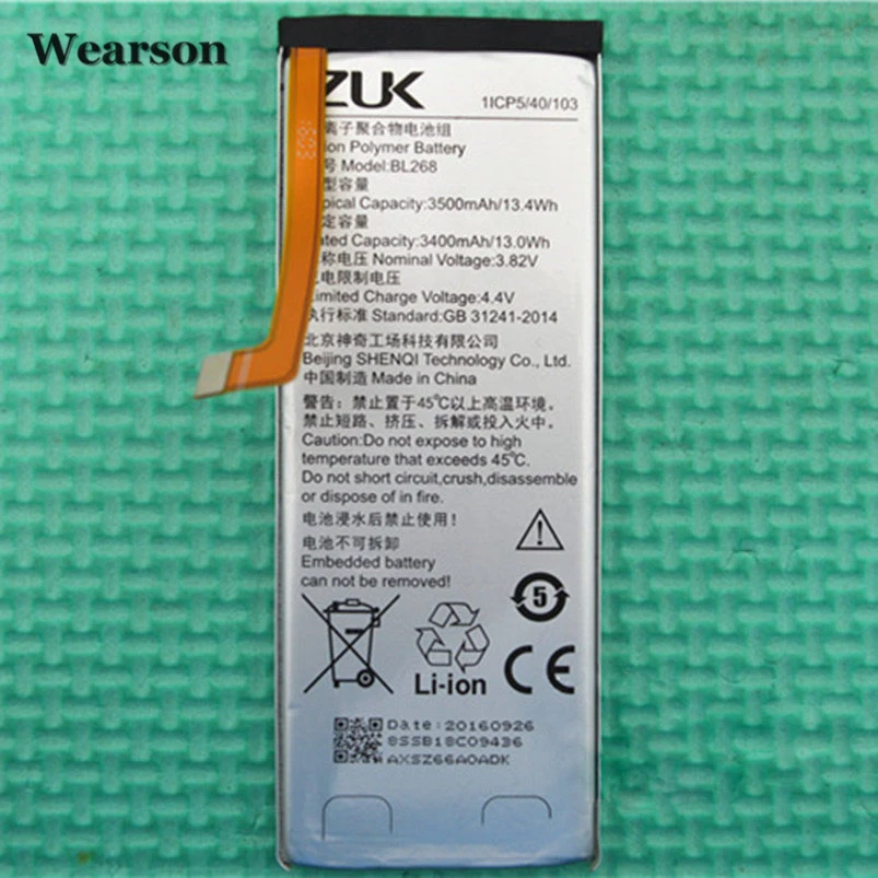 Wearson BL268 Battery For Lenovo ZUK Z2 Z2131 Battery 3500mAh Free Shipping With Tracking Number