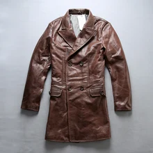 AVIREX FLY модная мужская куртка из натуральной кожи коричневого цвета, приталенное длинное пальто из натуральной кожи, мужская куртка из коровьей кожи с отложным воротником
