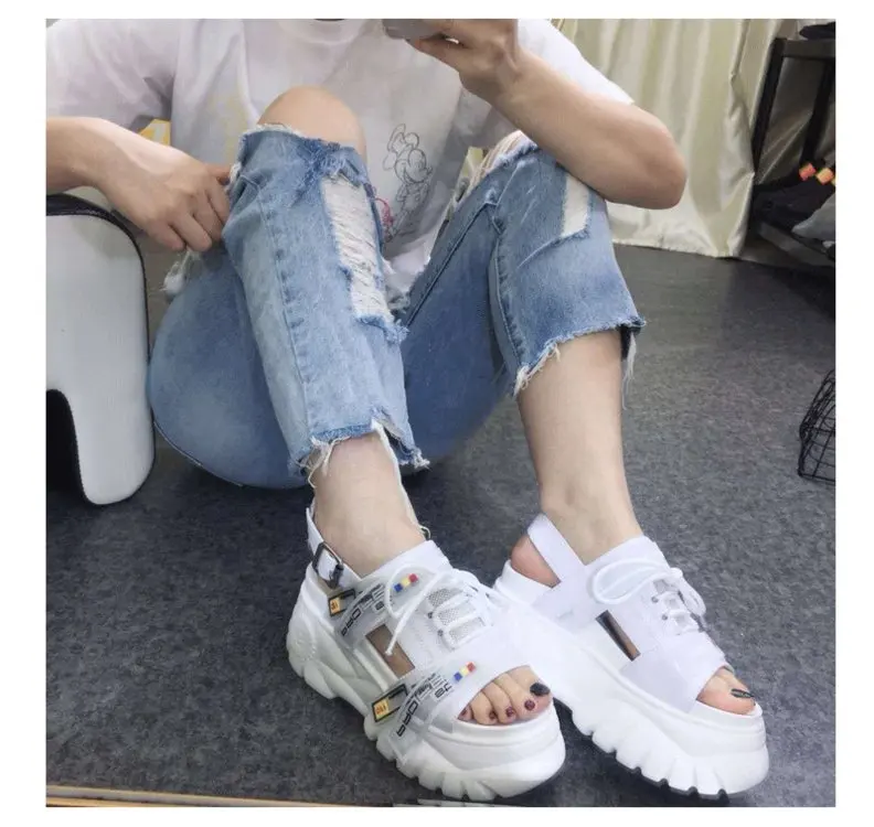 XDA Summer Women 8cm Wedge High Heels 2019 Chunky Sandals Buckle Female Shoes Platform Leather Casual Slippers Woman Sandals