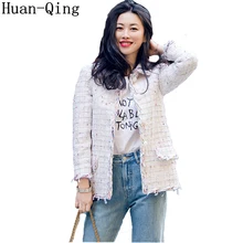 Высокое качество взлетно-посадочной полосы Для женщин твидовый пиджак пальто зима Винтаж однобортный белый плед куртка с длинным рукавом Casaco верхняя одежда пальто