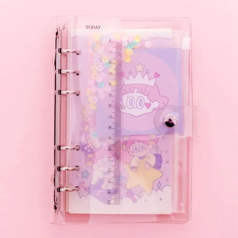 

Transparent Pink Notebook With PVC Cover Ruler Girl Pattern Round Ring Binder Planner Study Supply