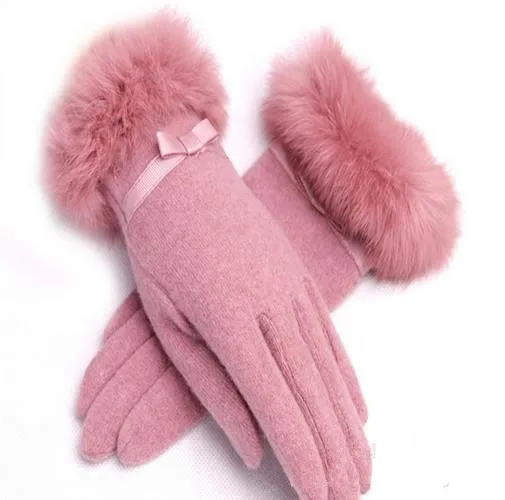 Новые перчатки осень-зима женские Guantes Bowknot twind Твердые кашемировые шерстяные перчатки митенки экран кролик мех толстый флис теплые - Цвет: Pink