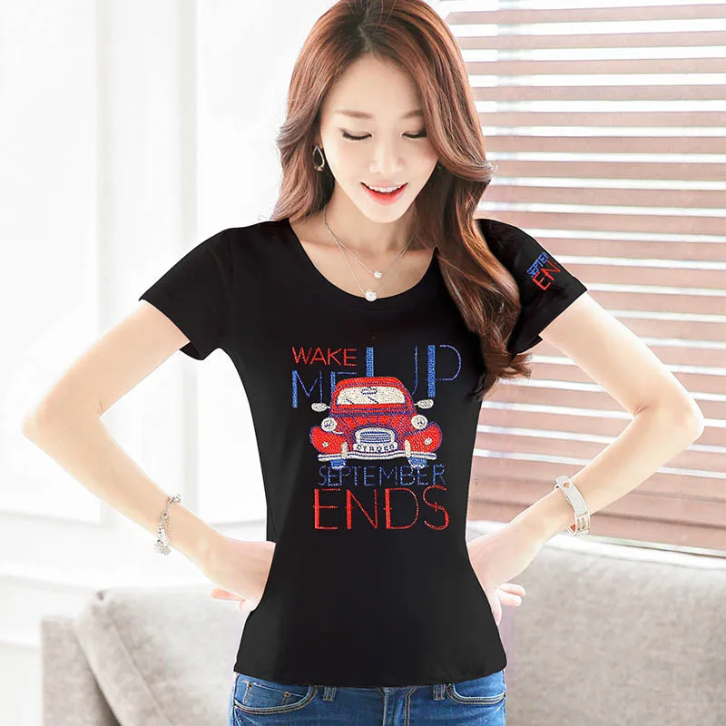 

2019 All Match Cotton Printed Korea Women T-shirts Casual High elastic Tee Tops Summer Short Sleeve Female T shirt Women Cloth