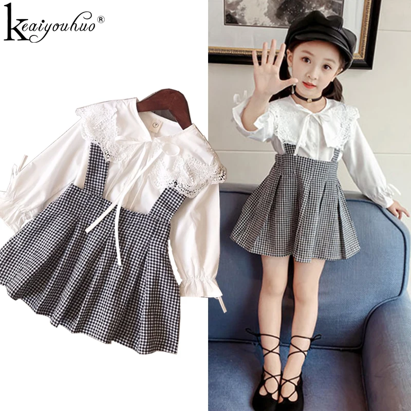 

2019 Toddler Girls Dress Autumn Winter Girls Long Sleeve Shirt+Plaid Strap Dress 2Pcs Kids Dresses For Girls Children Clothing