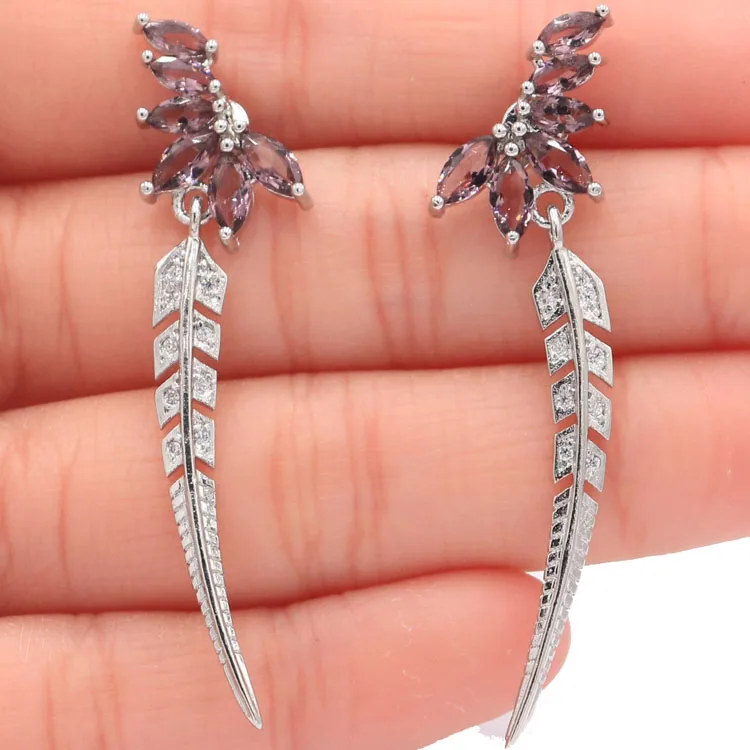 

New Designed Long Feather Purple Amethyst White CZ Ladies Wedding 925 Silver Earrings 50x12mm
