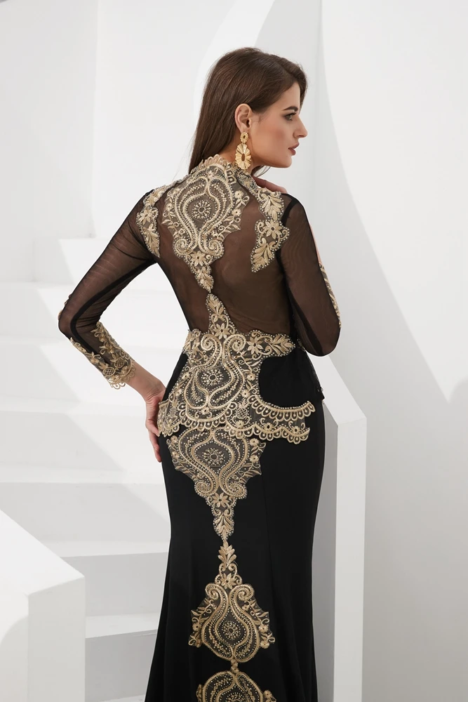Черное платье для выпускного вечера мусульманское с накидкой Джерси Золотое вечернее платье с кружевной аппликацией длинные платья Русалка с длинным рукавом v-образным вырезом Кристалл Формальное