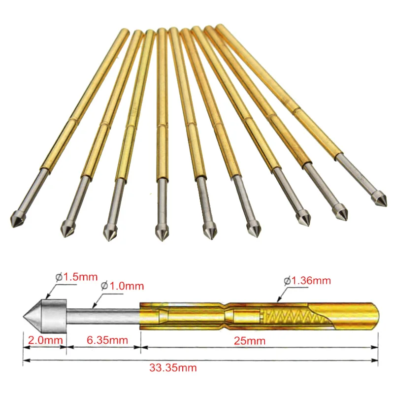 

New 50pcs Diameter 1.36mm Spring Loaded Test Probes P100-E2 Spring Pin Receptacle Pogo Pin Tools Set 33.3mm Length