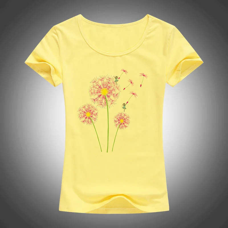 Высококачественная Хлопковая женская футболка с принтом одуванчика, летняя модная футболка с коротким рукавом, camiseta F33 - Цвет: Цвет: желтый