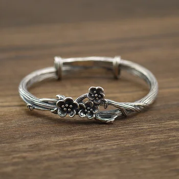

925 Sterling Silver Cherry Blossom Branch Adjustable Bangle Bracelet 24g A2476