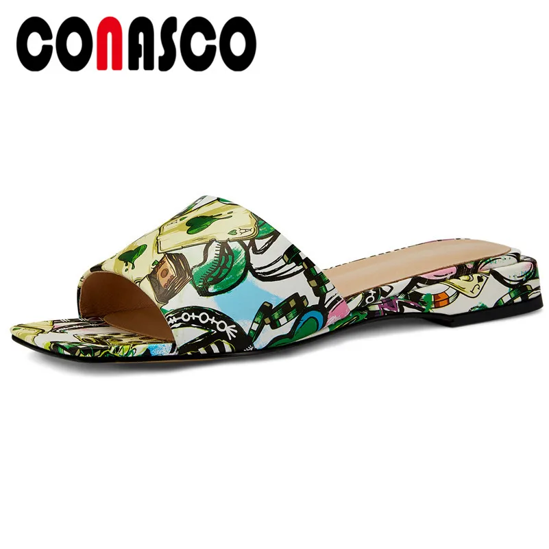 

CONASCO Retro Beach Slippers Women Casual Shoes Genuine Leather Low Heels Summer Leisure Comfortable Basic Sandals Shoes Woman