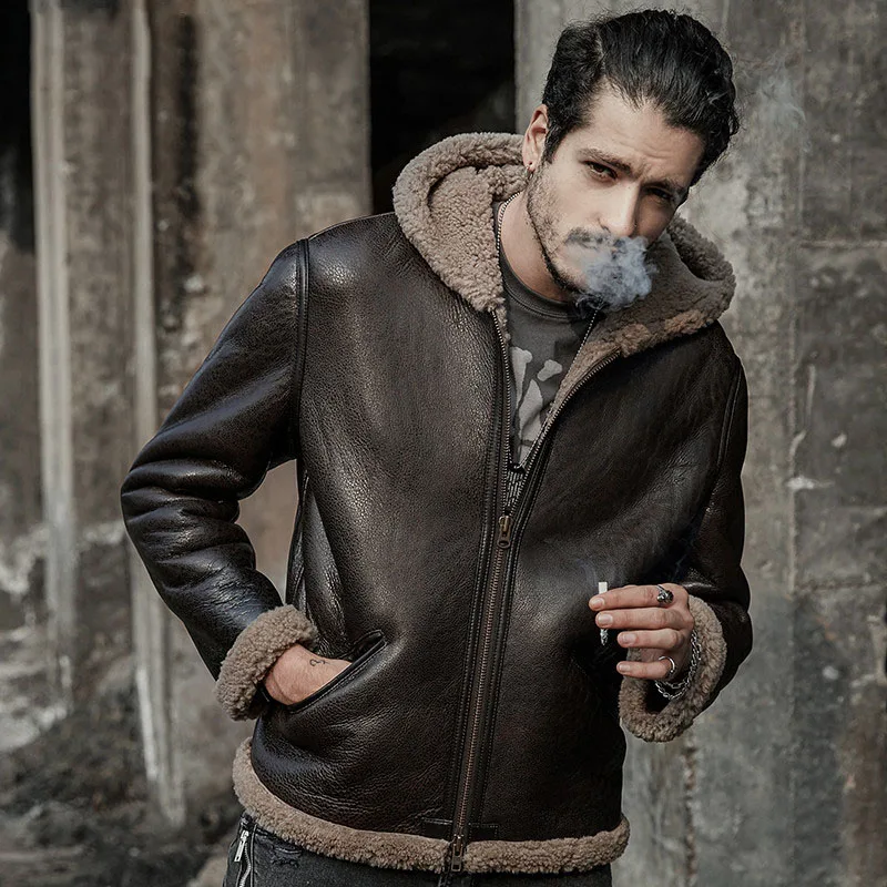 men genuine leather coat real leather jacket outerwear hood original ecology coldproof
