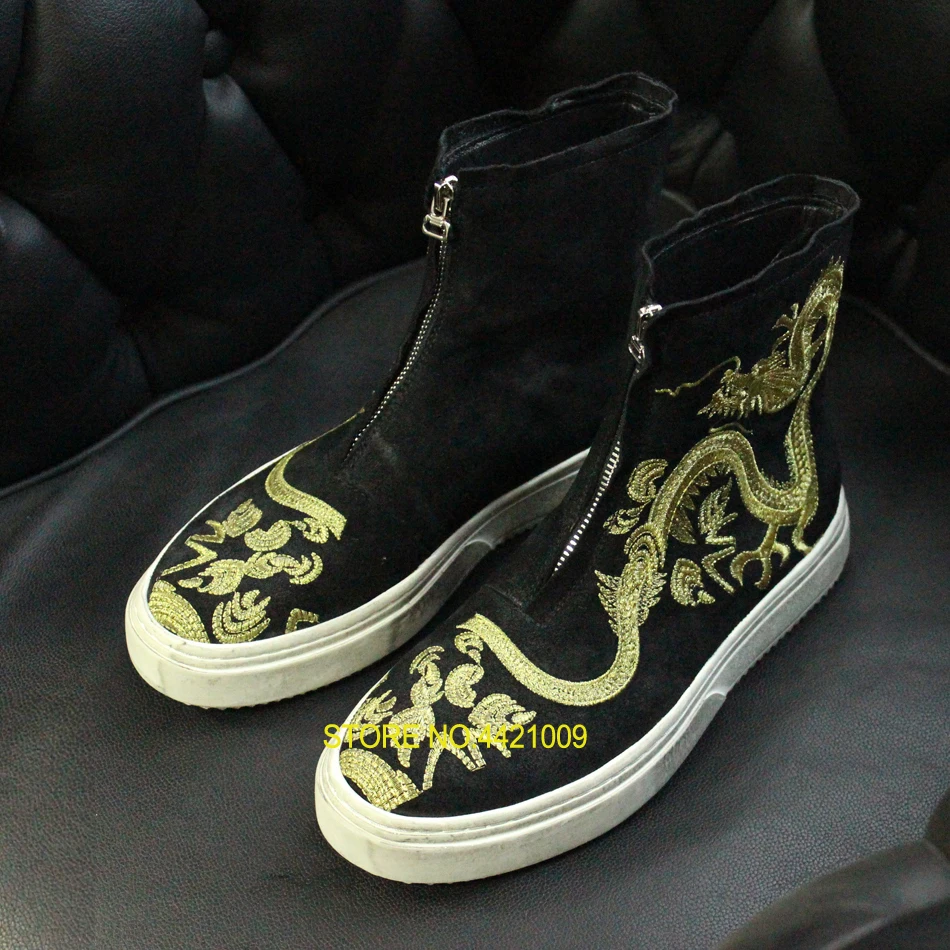 

Leisure Style Dragon Print Embroidered Suede Leather Short Boots Black Round Toe Short Ankle Booties Vintage Totem Boots