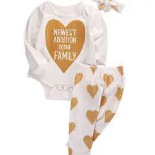 Рождественский комплект из 3 предметов! Милый семейный хлопковый комбинезон с сердечками для маленьких девочек+ штаны+ повязка на голову, комплект одежды из 3 предметов