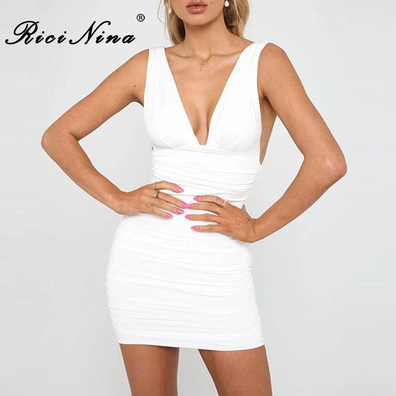

RICININA Fashion Women Dresses Woman Deep V Neck Sleeveless Backless Solid Mini Pencil Dress Ladies Casual Short Party Dresses