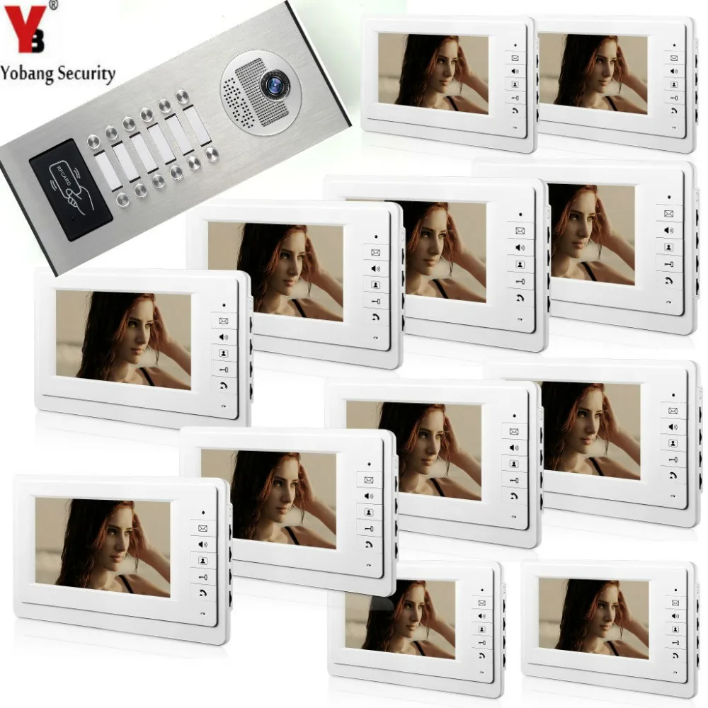 

Yobang Security Wired 7" LCD Monitor Visual Video Doorbell Monitor Intercom System RFID IR 1000TVL Camera For 12 Units Apartment