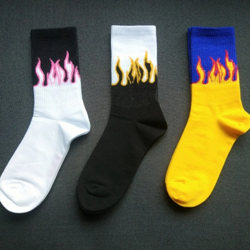 Харадзюку, мужские носки, повседневная хлопковая, с принтом в виде пламеней, в стиле хип-хоп, для мужчин и женщин, забавные, унисекс, уличные, для скейтборда, теплые, модные, длинные носки