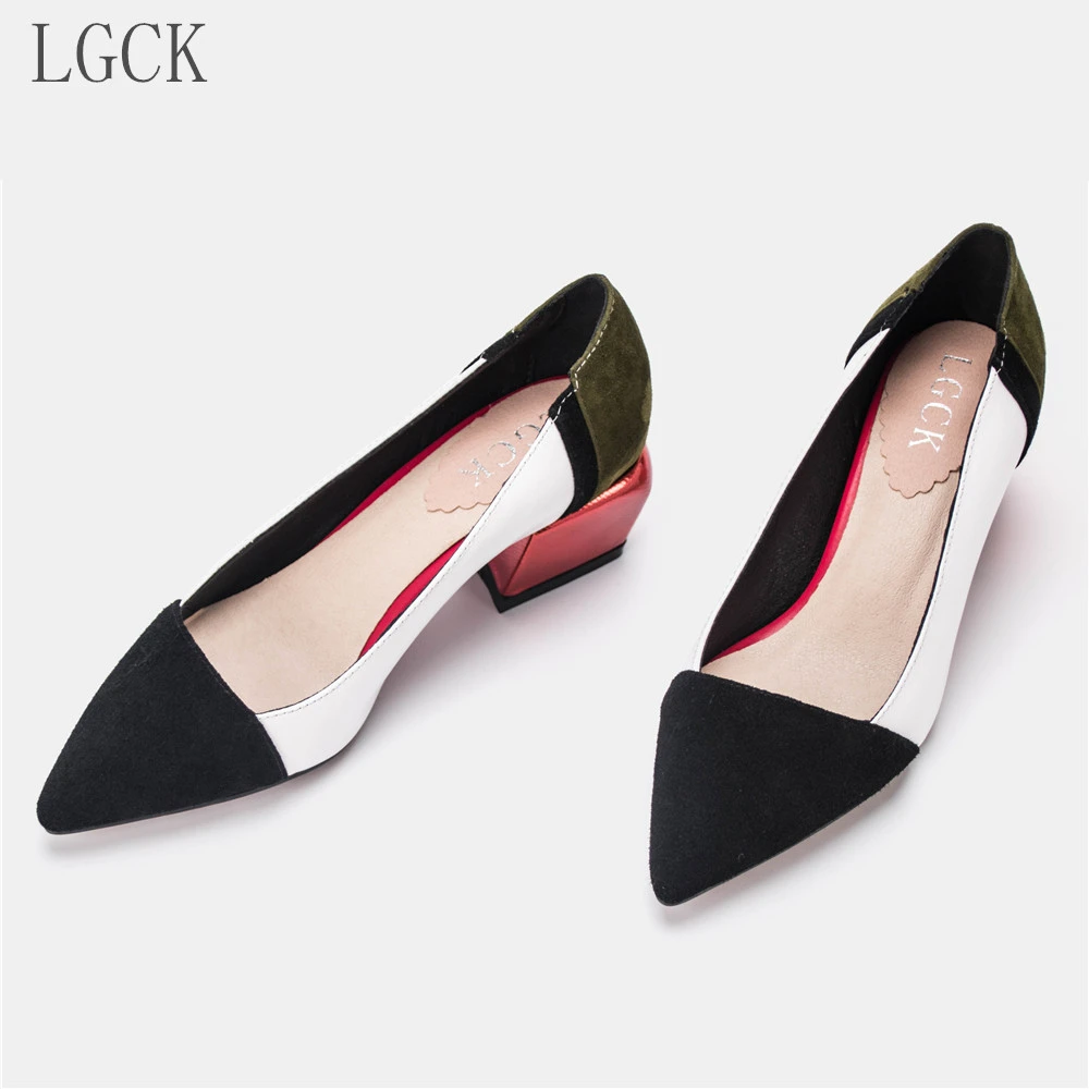 

Plus Size 34-43 Genuine Leather Women Shoes Pointed Top Med High Thick Heels Flock Shoes Woman Shoes Female Office Career Shoes