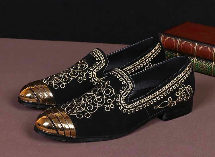 LANSHITINA Quality Black Genuine Leather Mens Shoes Casual Gold Flat