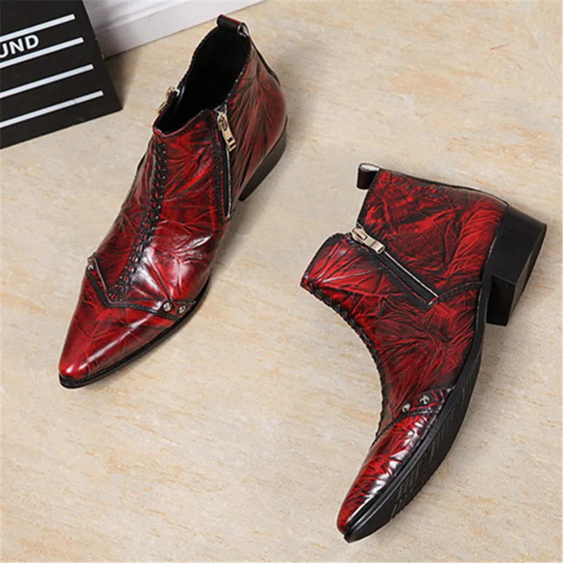 CH.KWOK Men Ankle Boots Double Zipper Wine Red Military Cowboy Boot ...