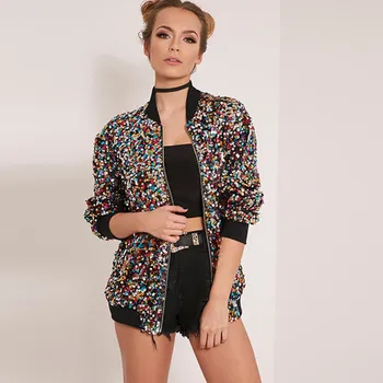 

Colorful Sequins Jacket Women Bling casual Slim outerwear autumn 2017 loose long-sleeve pilot jacket S10