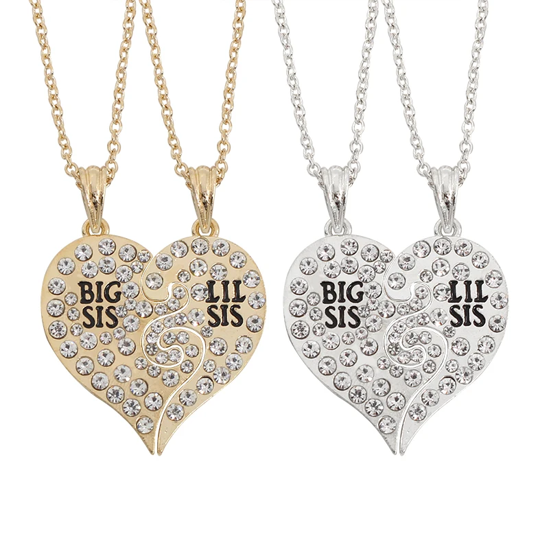 

2 Pcs/Set Big Sis Lil Sis Necklace Women Big Little Sister Love Heart Pendants & Necklace For Sister Best Friends Gifts Collares