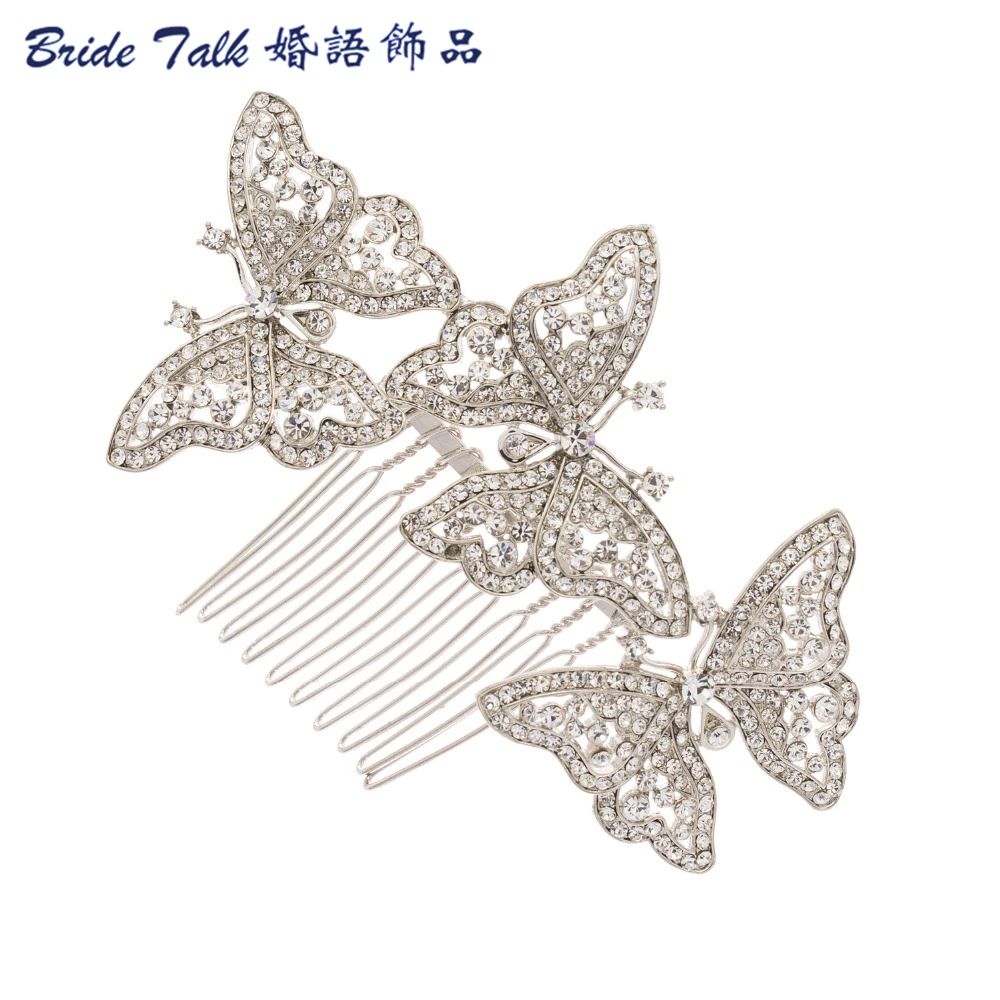 

Rhinestone Crystal 3 Butterfly Hairpins Tiara Women Hair Comb Accessories Wedding Bridesmaid Bridal Silver Tone Wholesale 1469R