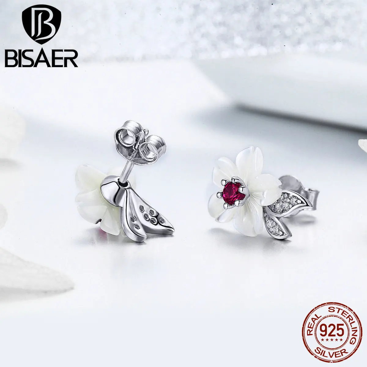 BISAER 925 пробы серебряные серьги-гвоздики с цветущими ракушками Цветок Орхидея маленькие женские серьги ювелирные изделия из стерлингового серебра EFE055