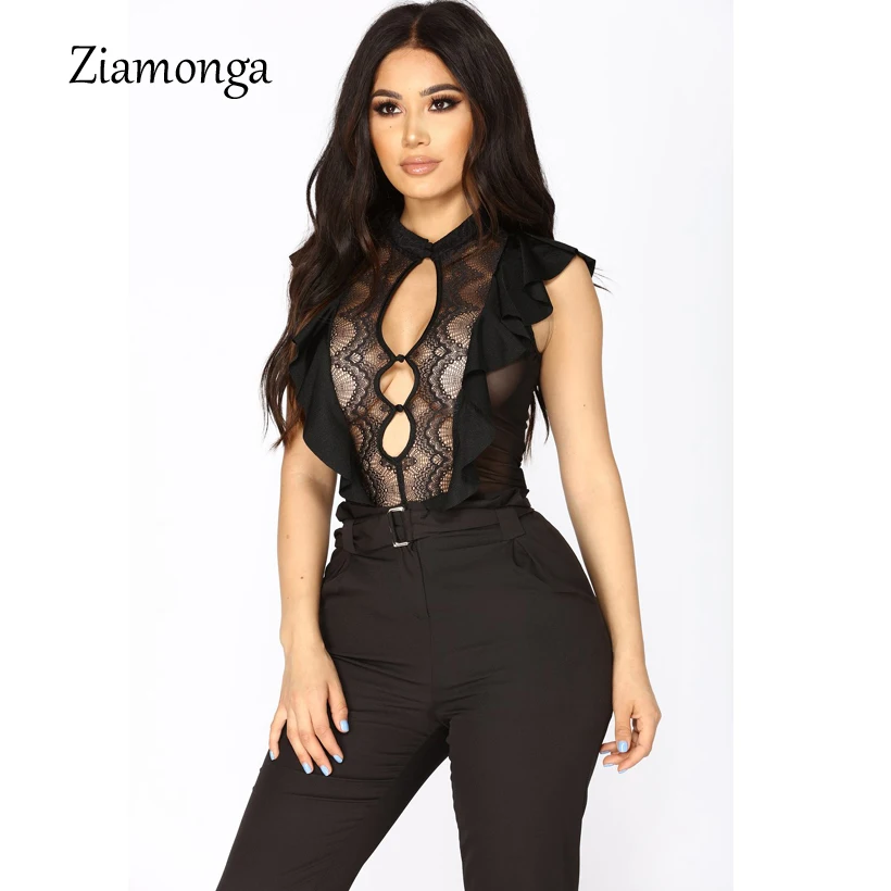 

Ziamonga New Lace See Through Patchwork Bodysuit Women Ruffles Sleeveless Black White Women Rompers Jumpsuit Bodysuit Overalls