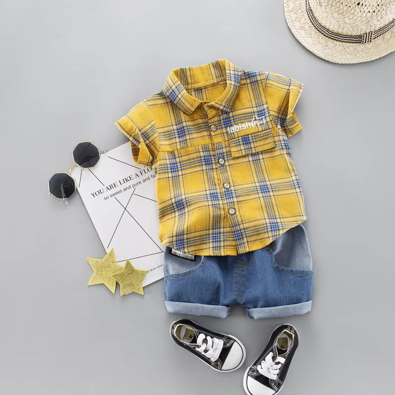 jeans out/2pc Fit 2-7T NEW Baby boys Pure cotton plaid short-sleeved shirt 