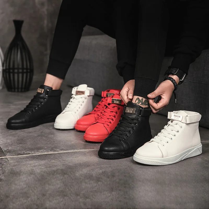 Black Red Men Lace Up Ankle Boots Flats Shoes High Top Leather Casual Shoes Men's Vulcanize senakers Walking Shoes