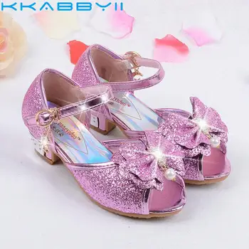 

2018 Children Princess Sandals Dress Shoes For Girl Butterfly Glitter Peep-toe Low Heels Fille Sandal Baby Girl Shoe Blue Pink