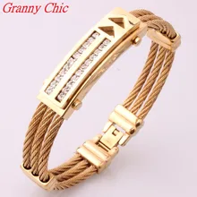 Granny Chic New Design Gold Wire Cable Bangle Men’s Crystal CZ Bracelets Bangles Fashion Stainless Steel Men Women’s Jewelry