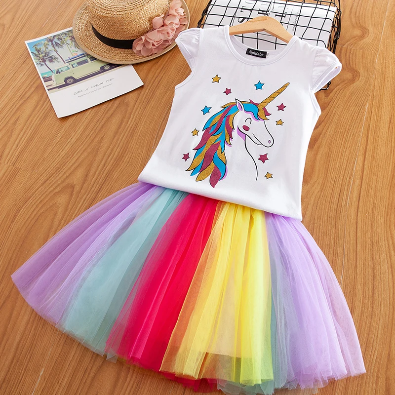 

Unicorn Sets for Girls 3 5 8 Years Kids 2pcs Unicorn Outfits Unicorn Tops+mini tutu Skirt Children Princess Party Clothing