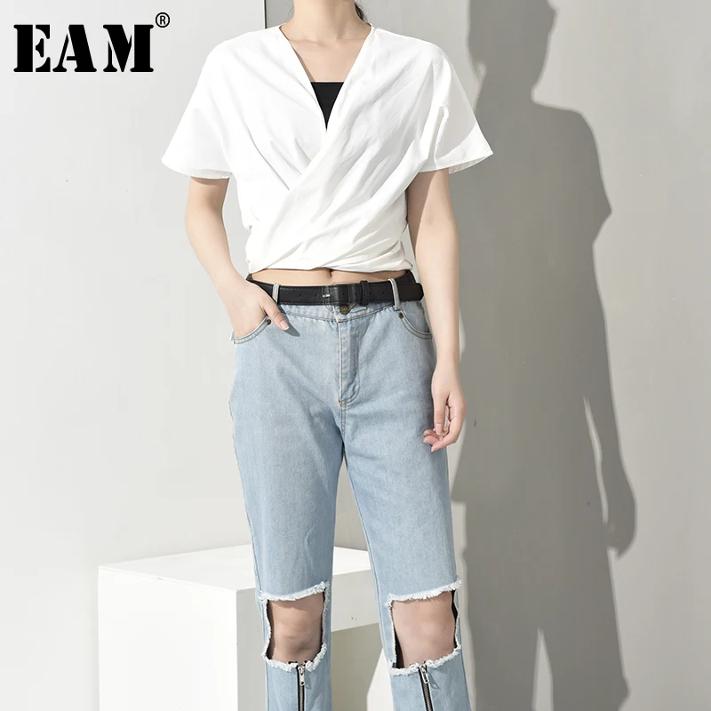 

[EAM] 2019 New Spring Summer V-collar Short Sleeve White Back Bandage Bow Temperament Shirt Women Blouse Fashion Tide WG8610