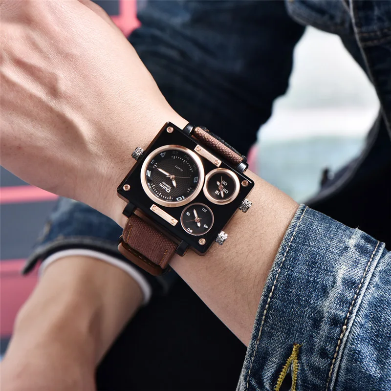 OULM Hot Sale Three Time Zone Men Watch Big Style Square Dial Fabric Strap Military Watches Men Lux