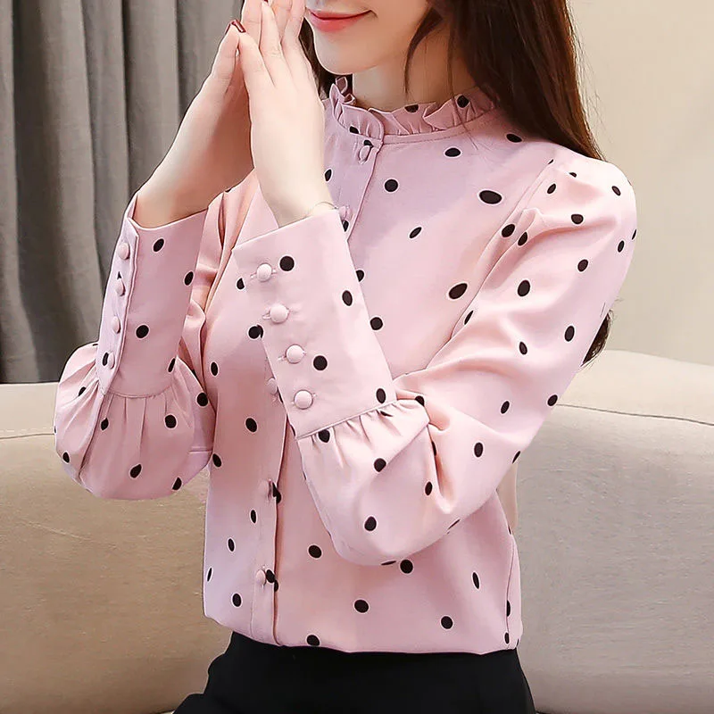 Женские весенне-осенние стильные женские блузки рубашки повседневные блузы с длинным рукавом и стоячим воротником в горошек Топы DF2605 - Цвет: pink