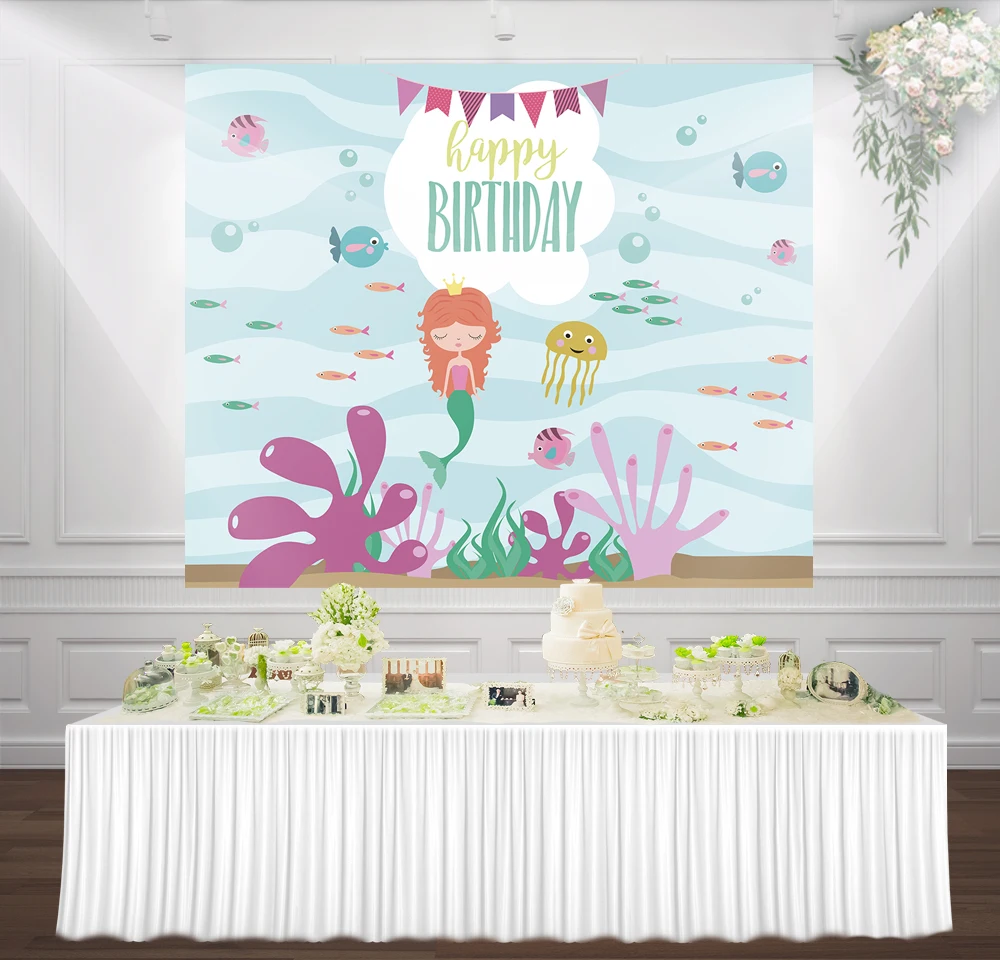 

Little Mermaid Birthday Party girl princess backdrop Photo photocall background cute cartoon Turquoise under the sea backdrops