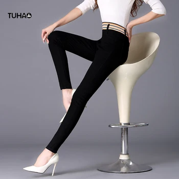 

Plus Size Jeans Woman Striped Elastic High Waist Jeans Pants Spring Autumn Elegant Slim Pencil Black Jeans TS9809