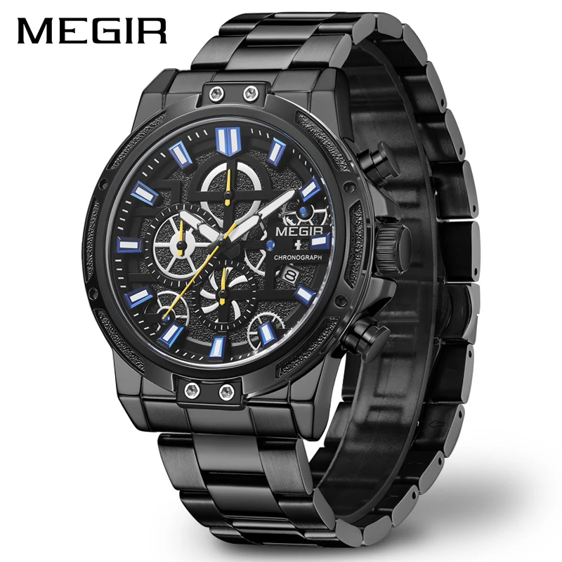 $25.11 Megir Official Mens Watches Top Brand Luxury Big Dial Quartz Wrist Watch Men Stainless Steel Relogi