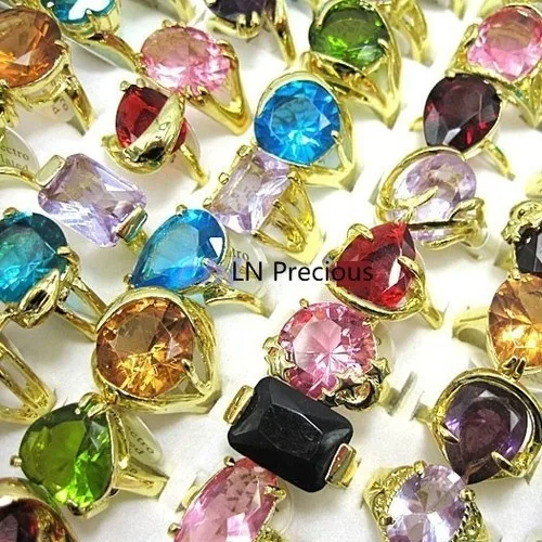10Pcs Fashion Pretty Crystal Zircon Gold Rings For Women Jewelry Whole Bulk Lots LR123 Free Shipping