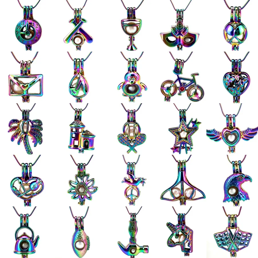 

Rainbow Color Stainless Snake Chains Necklace Animals Castle Wings Eagle Heart Mask Beads Pearl Cage Locket Pendant Necklace