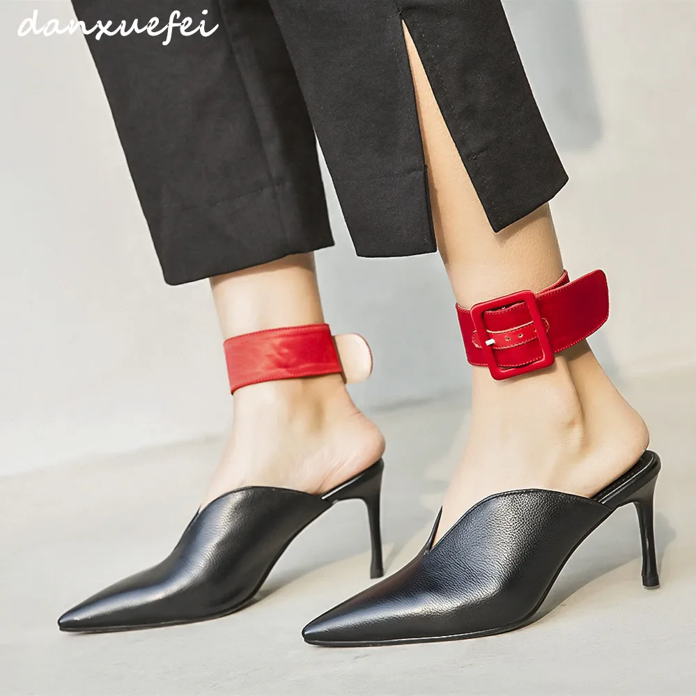 Buy Women's genuine leather ankle strap slip on mules